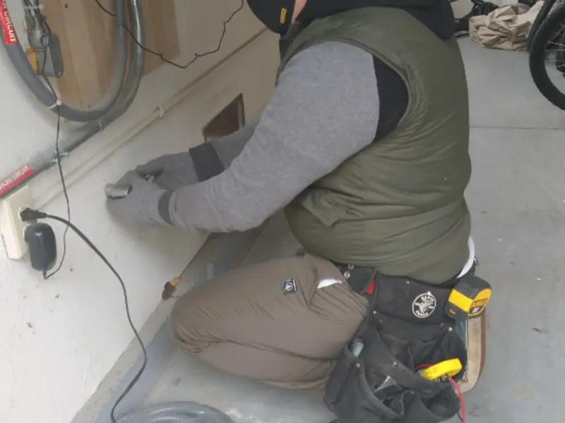 Electrician performing outlet wiring in a Huntington garage